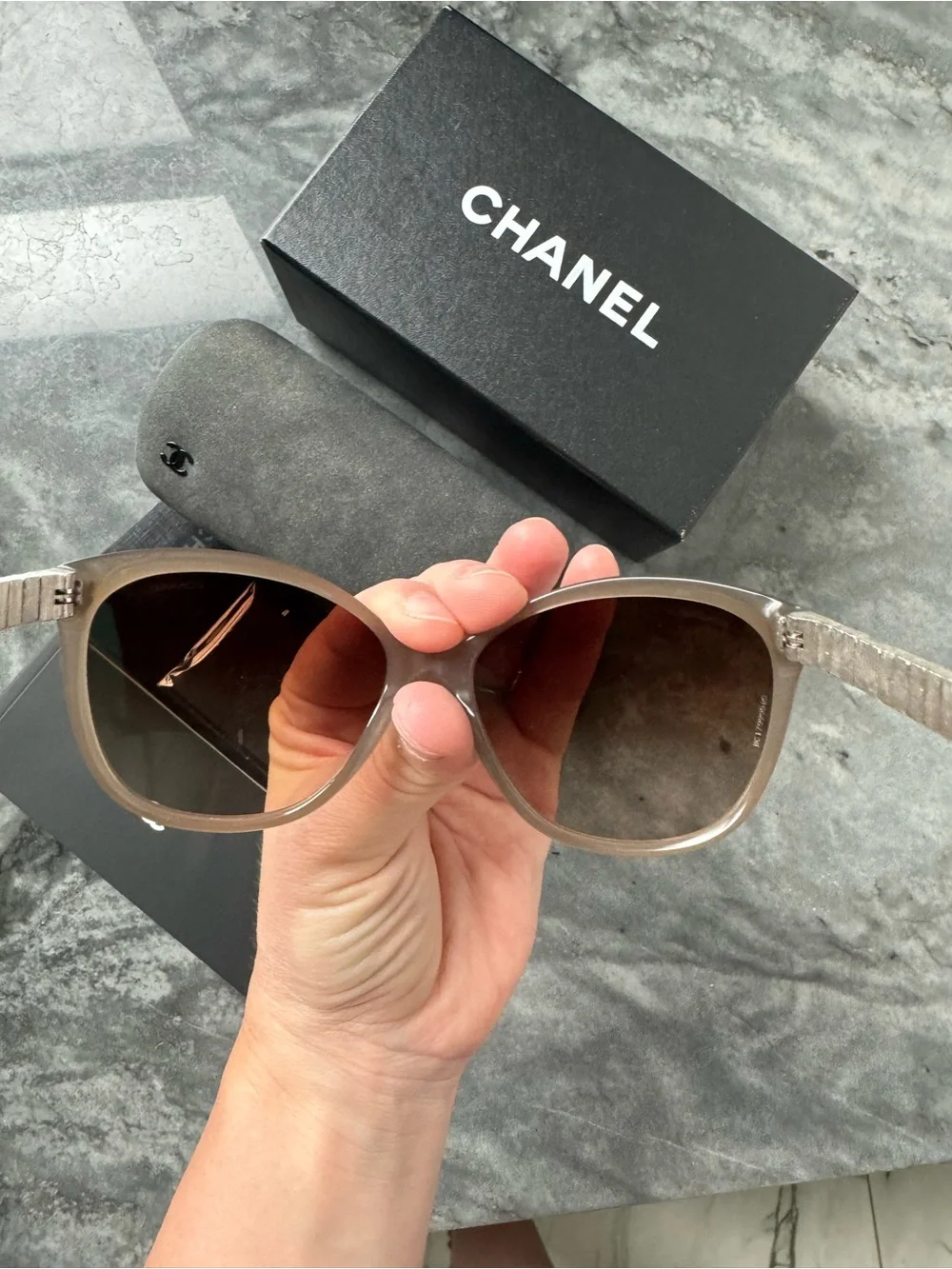 CHANEL Taupe Acetate Sunglasses with Crystal-Studded Temples